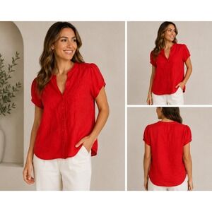 Richard Malcolm Red 100% Linen Embroidered‎ Short Sleeve Button Up Blouse Large